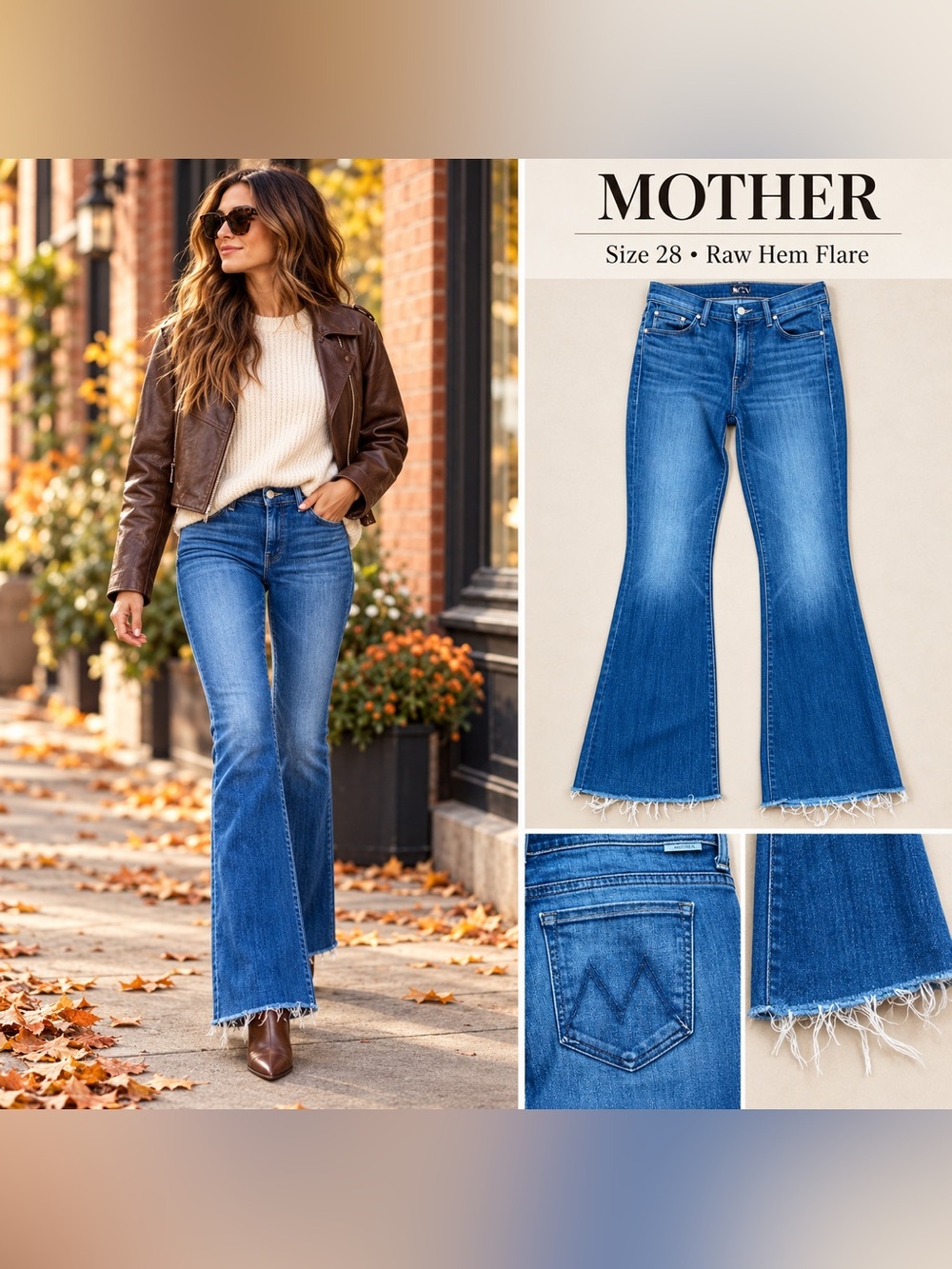 MOTHER The Weekender Fray Flare Jeans in a medium blue wash Size 28